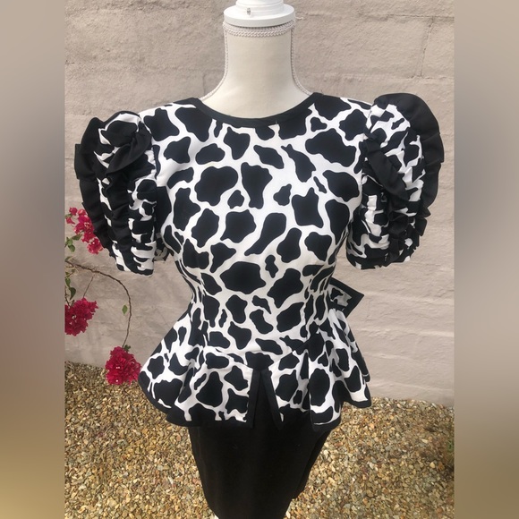 Vintage Peplum ruffle and bow low back cow print peplum dress puff sleeve - Picture 6 of 16